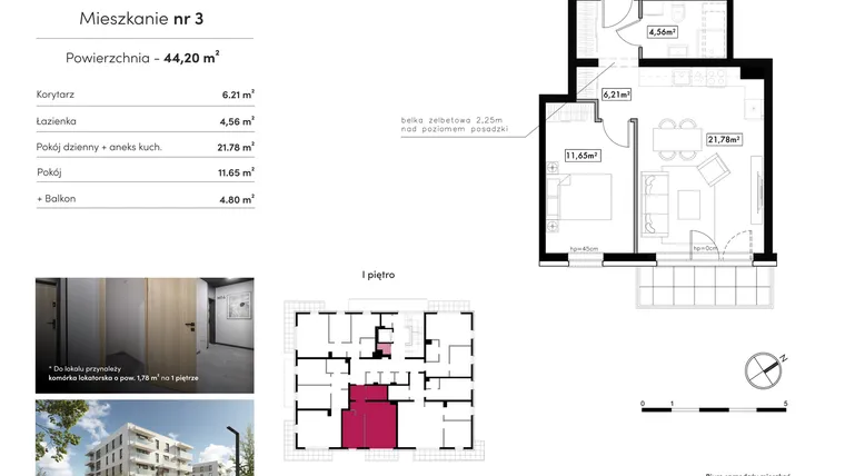 Rzut - Mieszkanie na sprzedaż 2 pokoje o powierzchni 44,2 m² - numer B16.M3 w Novum Rumia - bud. 16