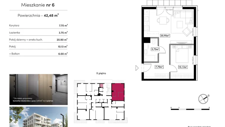 Rzut - Mieszkanie na sprzedaż 2 pokoje o powierzchni 42,48 m² - numer B16.M6 w Novum Rumia - bud. 16