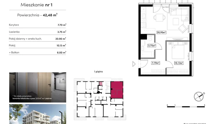 Rzut - Mieszkanie na sprzedaż 2 pokoje o powierzchni 42,48 m² - numer B16.M1 w Novum Rumia - bud. 16