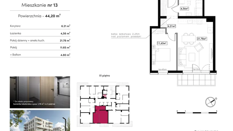 Rzut - Mieszkanie na sprzedaż 2 pokoje o powierzchni 44,2 m² - numer B16.M13 w Novum Rumia - bud. 16