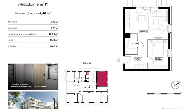 Rzut - Mieszkanie na sprzedaż 2 pokoje o powierzchni 42,48 m² - numer B16.M11 w Novum Rumia - bud. 16