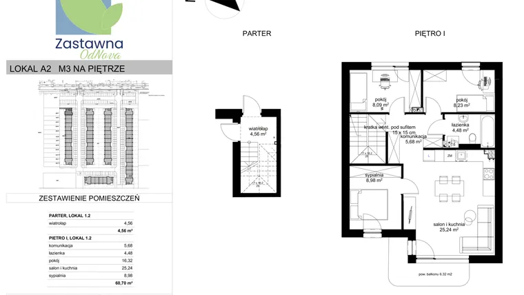 Rzut - Mieszkanie na sprzedaż 4 pokoje o powierzchni 60,7 m² - numer A.2 w Osiedle Zastawna OdNova