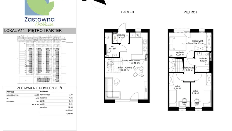 Rzut - Mieszkanie na sprzedaż 4 pokoje o powierzchni 75,75 m² - numer A.11 w Osiedle Zastawna OdNova