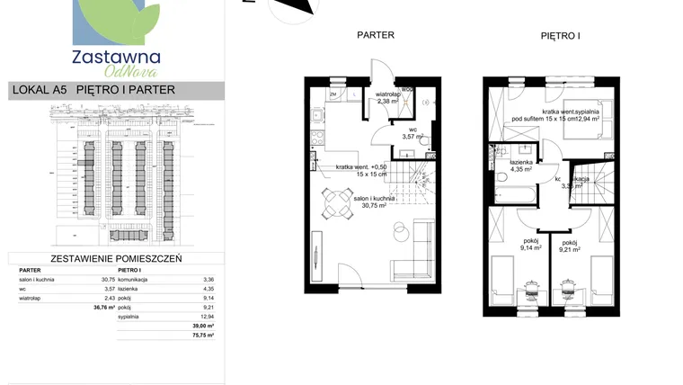 Rzut - Mieszkanie na sprzedaż 4 pokoje o powierzchni 75,75 m² - numer A.5 w Osiedle Zastawna OdNova