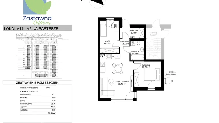 Rzut - Mieszkanie na sprzedaż 3 pokoje o powierzchni 52,89 m² - numer A.14 w Osiedle Zastawna OdNova