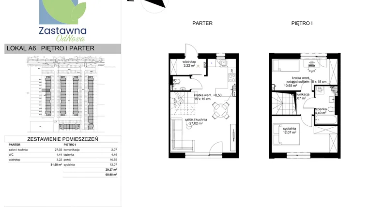 Rzut - Mieszkanie na sprzedaż 3 pokoje o powierzchni 60,95 m² - numer A.6 w Osiedle Zastawna OdNova