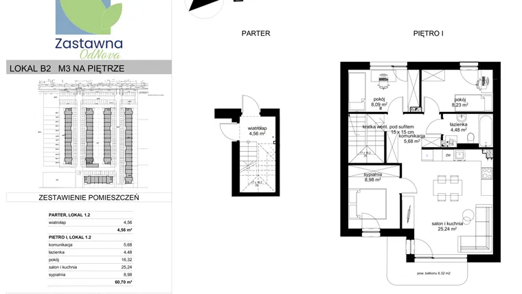 Rzut - Mieszkanie na sprzedaż 4 pokoje o powierzchni 60,7 m² - numer B.2 w Osiedle Zastawna OdNova