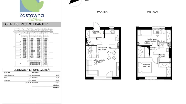 Rzut - Mieszkanie na sprzedaż 3 pokoje o powierzchni 60,95 m² - numer B.6 w Osiedle Zastawna OdNova