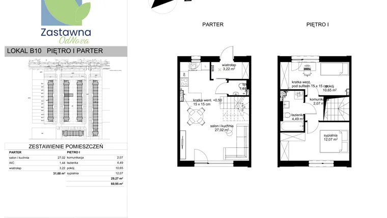 Rzut - Mieszkanie na sprzedaż 3 pokoje o powierzchni 60,95 m² - numer B.10 w Osiedle Zastawna OdNova