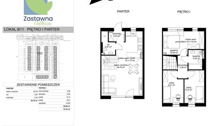 Rzut - Mieszkanie na sprzedaż 4 pokoje o powierzchni 75,75 m² - numer B.11 w Osiedle Zastawna OdNova