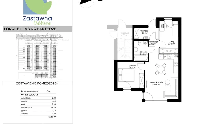 Rzut - Mieszkanie na sprzedaż 3 pokoje o powierzchni 52,89 m² - numer B.1 w Osiedle Zastawna OdNova