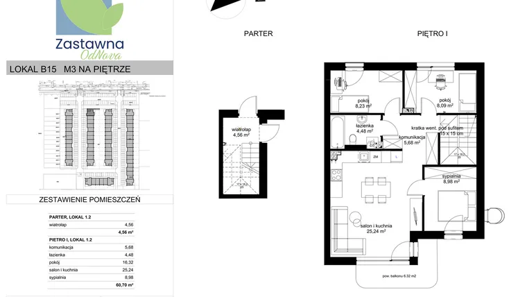 Rzut - Mieszkanie na sprzedaż 4 pokoje o powierzchni 60,7 m² - numer B.15 w Osiedle Zastawna OdNova