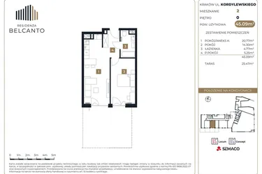 Rzut - Mieszkanie na sprzedaż 2 pokoje o powierzchni 45,09 m² - numer 2 w Residenza Belcanto