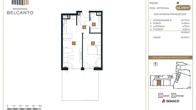 Rzut - Mieszkanie na sprzedaż 2 pokoje o powierzchni 45,09 m² - numer 2 w Residenza Belcanto
