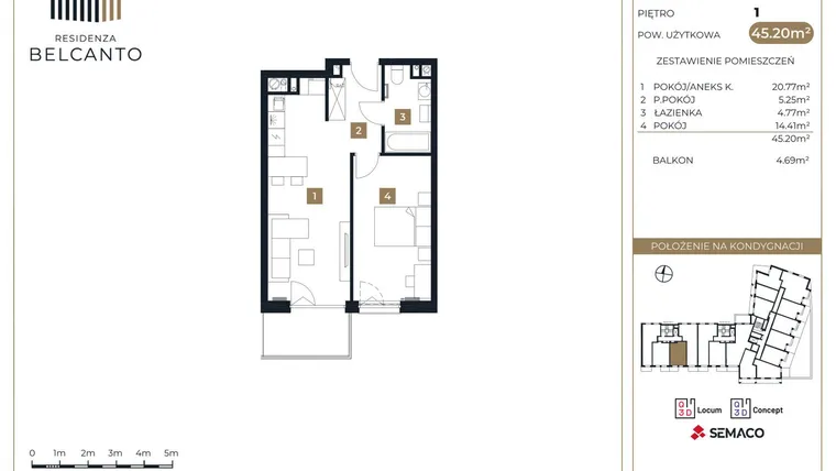 Rzut - Mieszkanie na sprzedaż 2 pokoje o powierzchni 45,2 m² - numer 6 w Residenza Belcanto