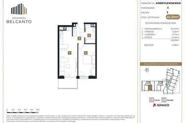 Rzut - Mieszkanie na sprzedaż 2 pokoje o powierzchni 45,2 m² - numer 6 w Residenza Belcanto