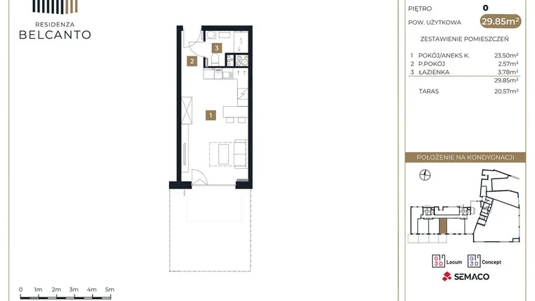 Rzut - Mieszkanie na sprzedaż 1 pokój o powierzchni 29,85 m² - numer 1 w Residenza Belcanto