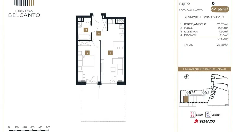Rzut - Mieszkanie na sprzedaż 2 pokoje o powierzchni 44,55 m² - numer 3 w Residenza Belcanto