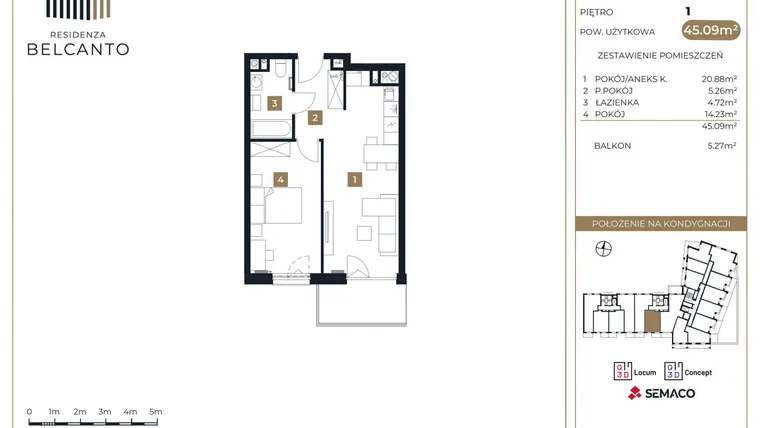 Rzut - Mieszkanie na sprzedaż 2 pokoje o powierzchni 45,09 m² - numer 36 w Residenza Belcanto