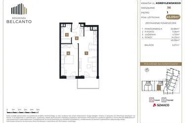 Rzut - Mieszkanie na sprzedaż 2 pokoje o powierzchni 45,09 m² - numer 36 w Residenza Belcanto