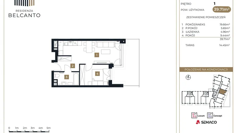 Rzut - Mieszkanie na sprzedaż 2 pokoje o powierzchni 39,71 m² - numer 65 w Residenza Belcanto