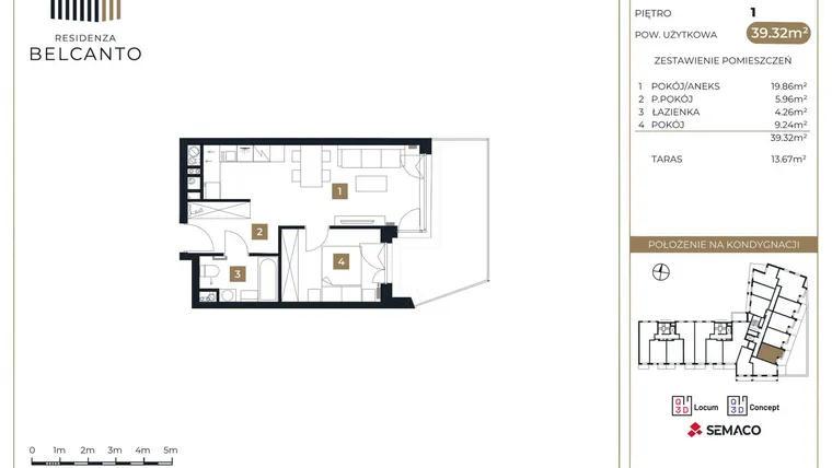 Rzut - Mieszkanie na sprzedaż 2 pokoje o powierzchni 39,32 m² - numer 67 w Residenza Belcanto