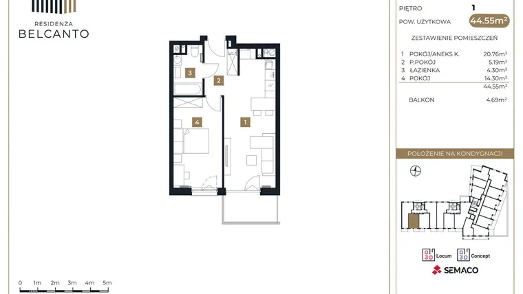 Rzut - Mieszkanie na sprzedaż 2 pokoje o powierzchni 44,55 m² - numer 7 w Residenza Belcanto