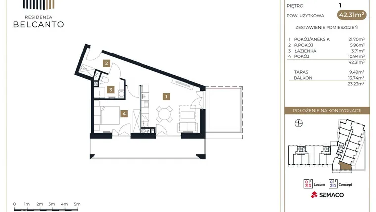 Rzut - Mieszkanie na sprzedaż 2 pokoje o powierzchni 42,31 m² - numer 68 w Residenza Belcanto