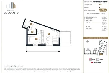 Rzut - Mieszkanie na sprzedaż 2 pokoje o powierzchni 42,31 m² - numer 68 w Residenza Belcanto