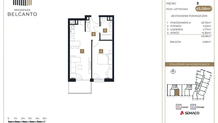 Rzut - Mieszkanie na sprzedaż 2 pokoje o powierzchni 45,08 m² - numer 10 w Residenza Belcanto