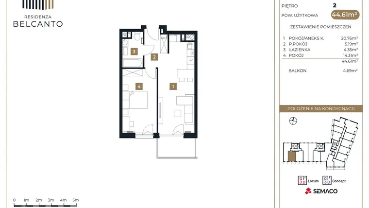 Rzut - Mieszkanie na sprzedaż 2 pokoje o powierzchni 44,61 m² - numer 11 w Residenza Belcanto