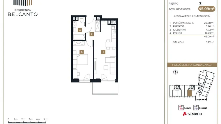 Rzut - Mieszkanie na sprzedaż 2 pokoje o powierzchni 45,09 m² - numer 39 w Residenza Belcanto