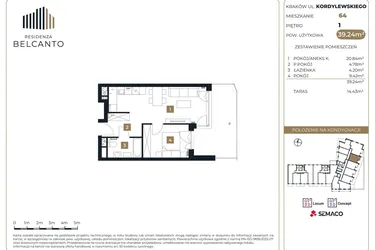 Rzut - Mieszkanie na sprzedaż 2 pokoje o powierzchni 39,24 m² - numer 64 w Residenza Belcanto