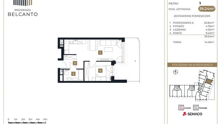 Rzut - Mieszkanie na sprzedaż 2 pokoje o powierzchni 39,24 m² - numer 64 w Residenza Belcanto