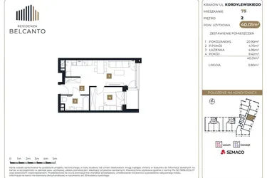 Rzut - Mieszkanie na sprzedaż 2 pokoje o powierzchni 40,01 m² - numer 75 w Residenza Belcanto