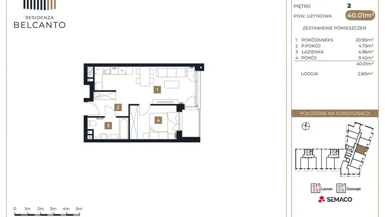 Rzut - Mieszkanie na sprzedaż 2 pokoje o powierzchni 40,01 m² - numer 75 w Residenza Belcanto