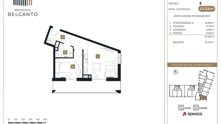 Rzut - Mieszkanie na sprzedaż 2 pokoje o powierzchni 42,52 m² - numer 78 w Residenza Belcanto