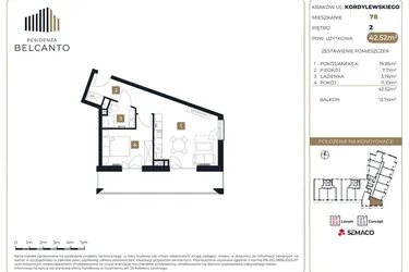 Rzut - Mieszkanie na sprzedaż 2 pokoje o powierzchni 42,52 m² - numer 78 w Residenza Belcanto