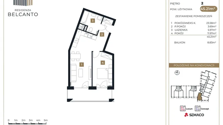 Rzut - Mieszkanie na sprzedaż 2 pokoje o powierzchni 45,21 m² - numer 79 w Residenza Belcanto
