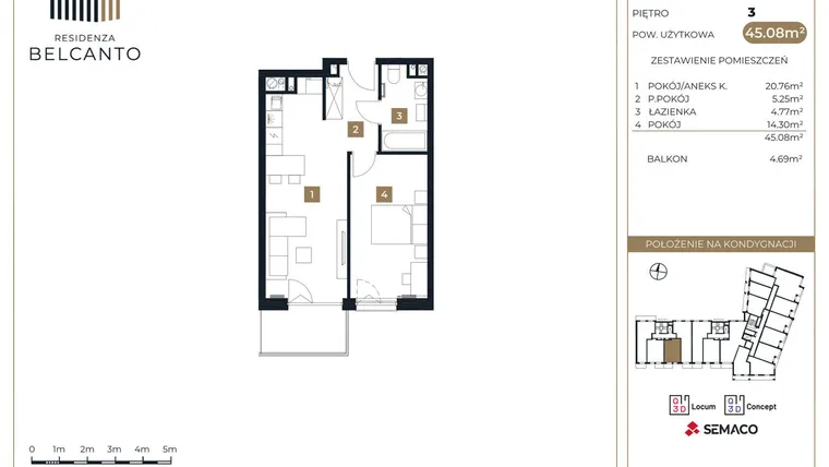 Rzut - Mieszkanie na sprzedaż 2 pokoje o powierzchni 45,08 m² - numer 14 w Residenza Belcanto