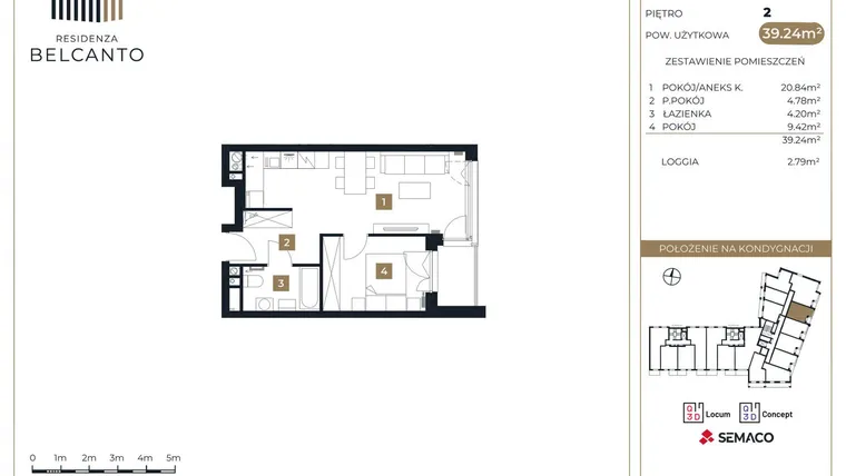 Rzut - Mieszkanie na sprzedaż 2 pokoje o powierzchni 39,24 m² - numer 74 w Residenza Belcanto