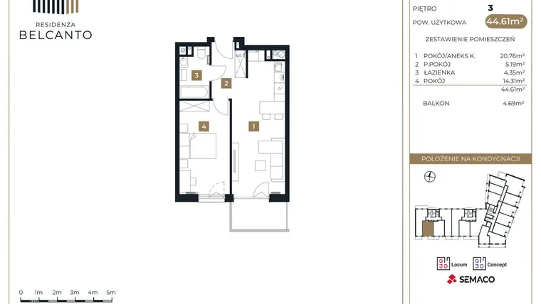 Rzut - Mieszkanie na sprzedaż 2 pokoje o powierzchni 44,61 m² - numer 15 w Residenza Belcanto