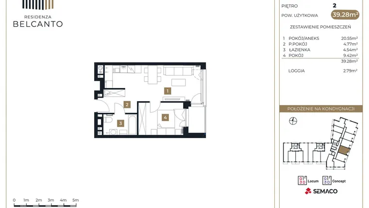 Rzut - Mieszkanie na sprzedaż 2 pokoje o powierzchni 39,28 m² - numer 76 w Residenza Belcanto