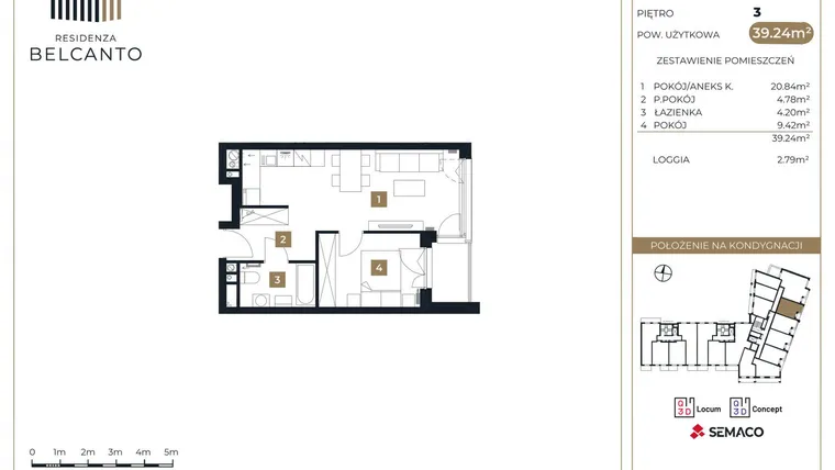 Rzut - Mieszkanie na sprzedaż 2 pokoje o powierzchni 39,24 m² - numer 84 w Residenza Belcanto