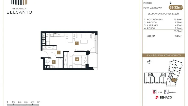 Rzut - Mieszkanie na sprzedaż 2 pokoje o powierzchni 39,32 m² - numer 77 w Residenza Belcanto