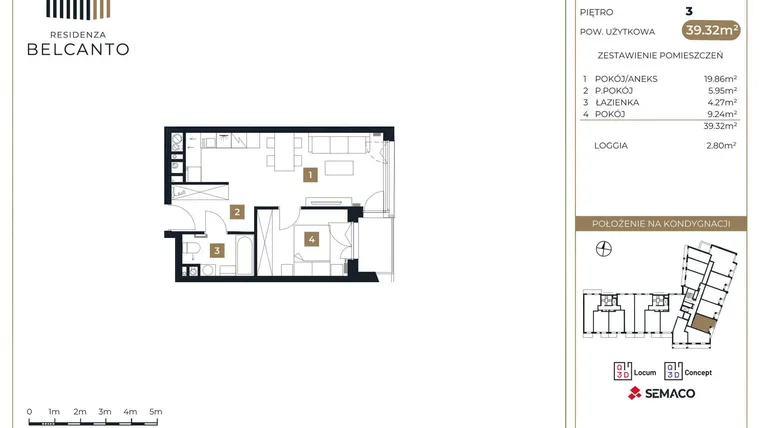 Rzut - Mieszkanie na sprzedaż 2 pokoje o powierzchni 39,32 m² - numer 87 w Residenza Belcanto