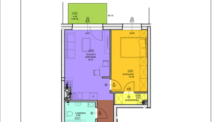 Rzut - Mieszkanie na sprzedaż 2 pokoje o powierzchni 46,15 m² - numer B04 w Osiedle Zuchów - Bud. B i C