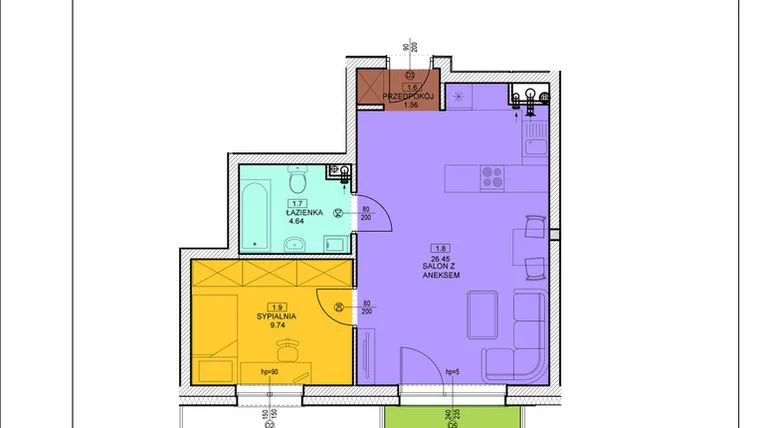 Rzut - Mieszkanie na sprzedaż 2 pokoje o powierzchni 42,39 m² - numer B10 w Osiedle Zuchów - Bud. B i C