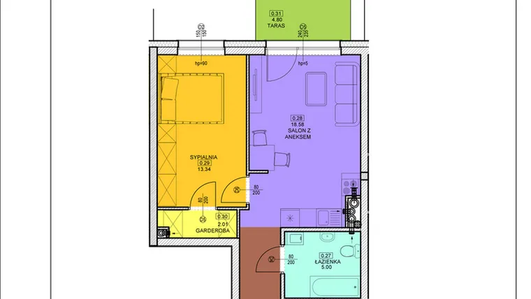 Rzut - Mieszkanie na sprzedaż 2 pokoje o powierzchni 46,78 m² - numer B05 w Osiedle Zuchów - Bud. B i C
