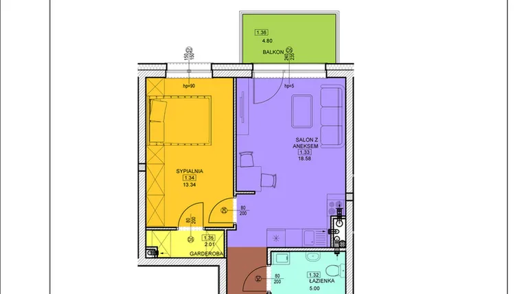 Rzut - Mieszkanie na sprzedaż 2 pokoje o powierzchni 46,79 m² - numer B14 w Osiedle Zuchów - Bud. B i C